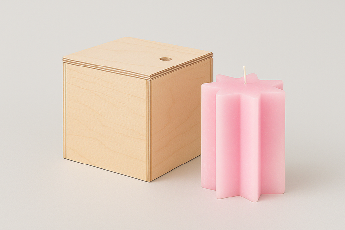 Geschenk: Paraffin Sternkerze in Holzwürfel